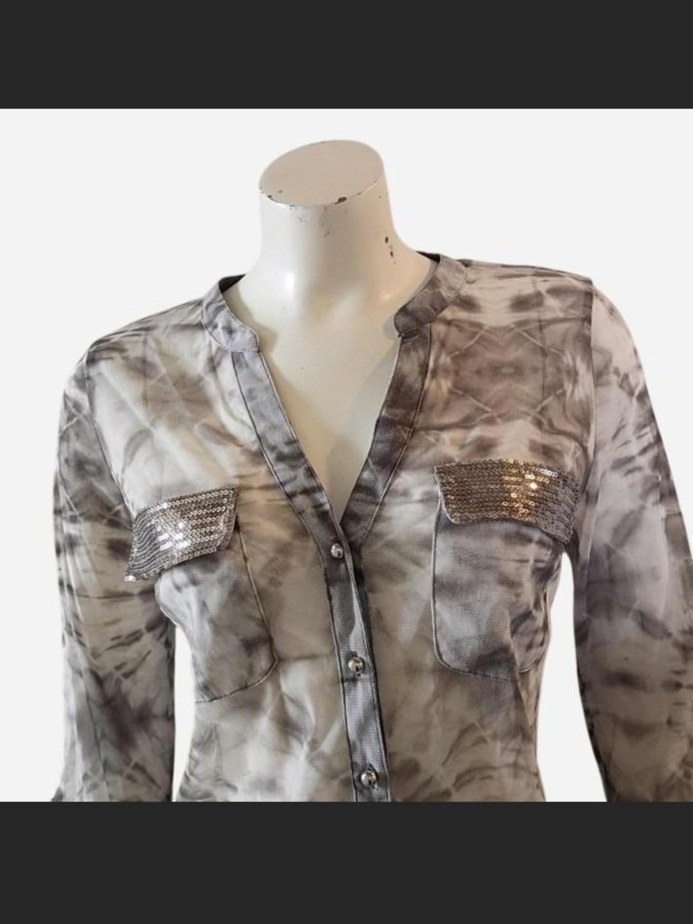 Y2K INC International Concepts Grey Tie Dye Sequin Pocket Button Down Blouse M